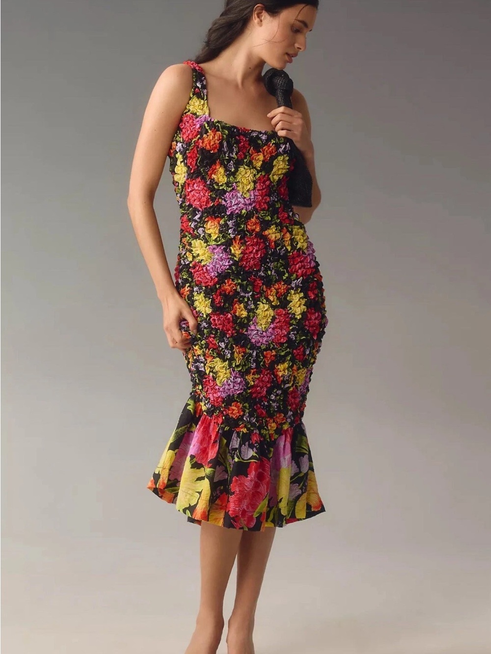 Anthropologie Yukiko Noritake Black Floral Square Neck Pebbled Smocked Dress